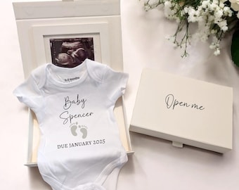 Personalised Pregnancy Announcement Vest Scan Photo Boxed Baby Coming Soon Due Date Promoted to Parents Baby Reveal Grandparents to be Gift