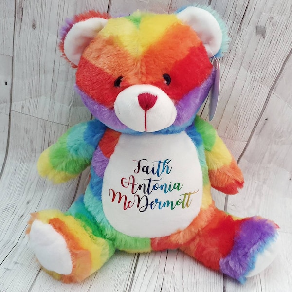 Personalised Rainbow Teddy Bear Baby Gift Big Brother Sister Wedding Girl Boy Present Birthday Newborn Custom Text Keepsake Plush