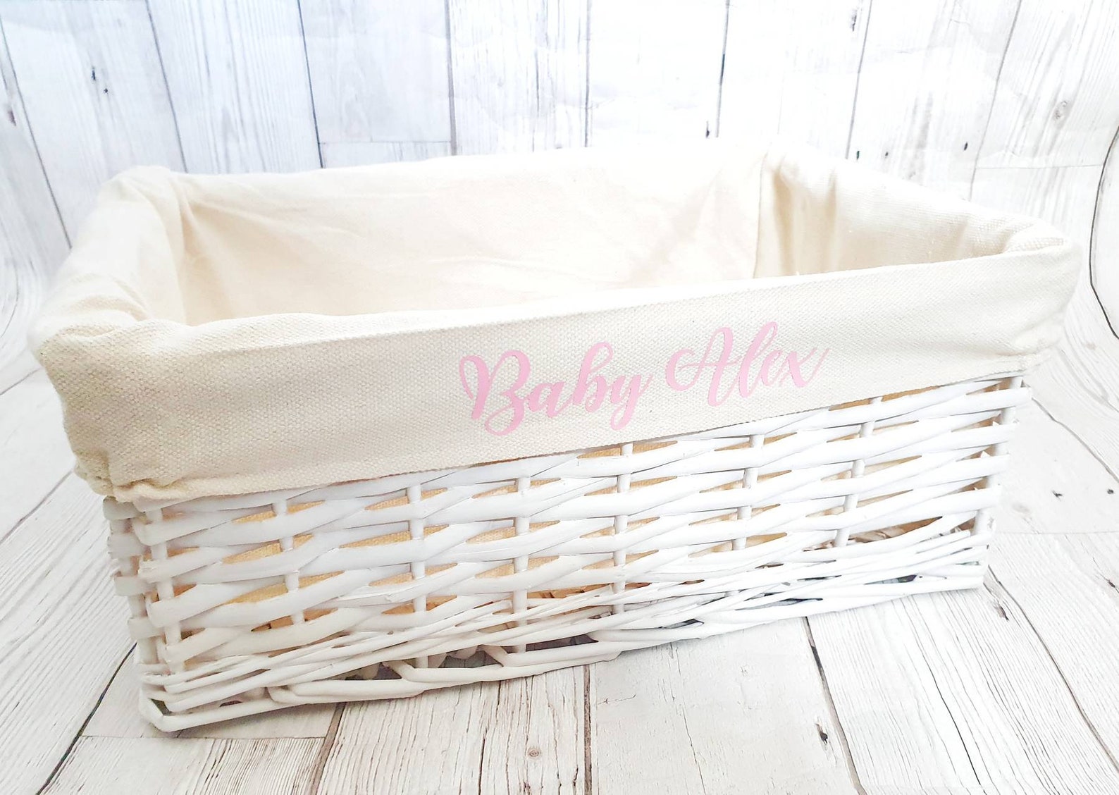 Personalised Baby Storage Basket White Wicker Cotton Liner Etsy