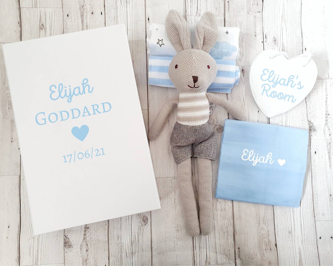 Personalised Baby Boy Gift Box With Bunny Soft Toy Hanging Etsy UK