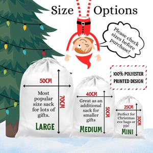 May include: White polyester gift sacks in three sizes: Large (50cm x 70cm), Medium (40cm x 50cm), and Mini (25cm x 30cm). The image includes text that says "Size Options" and "Please check sizes before purchase!" A Christmas tree and an elf are also in the image.
