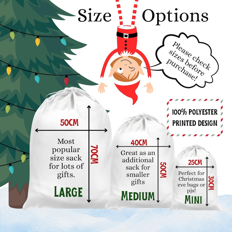 May include: White polyester gift sacks in three sizes: Large (50cm x 70cm), Medium (40cm x 50cm), and Mini (25cm x 30cm). The image includes text that says "Size Options" and "Please check sizes before purchase!" A Christmas tree and an elf are also in the image.