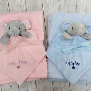 Personalised Comforter and Fluffy Blanket Baby Set Elephant Soft Toy Choice of Name Colour New Mum To Be Baby Shower Gift Maternity Leave