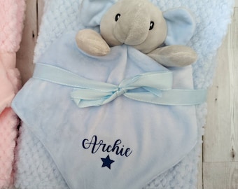 Personalised Comforter and Fluffy Blanket Baby Set Elephant Soft Toy Choice  of Name Colour New Mum To Be Baby Shower Gift Maternity Leave