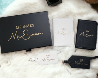 Personalised Passport Cover and Tag Personalised Bride and Groom Gifts Mr and Mrs Saffiano Fabric Set In Gift Box Wedding Present