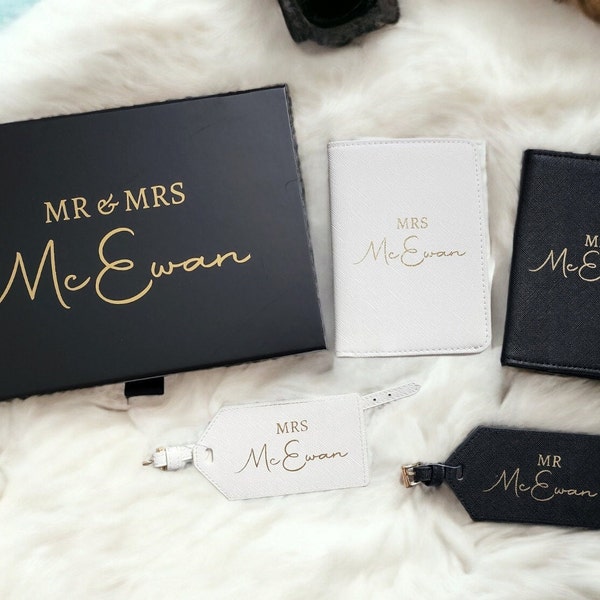 Personalised Passport Cover and Tag Personalised Bride and Groom Gifts Mr and Mrs Saffiano Fabric Set In Gift Box Wedding Present