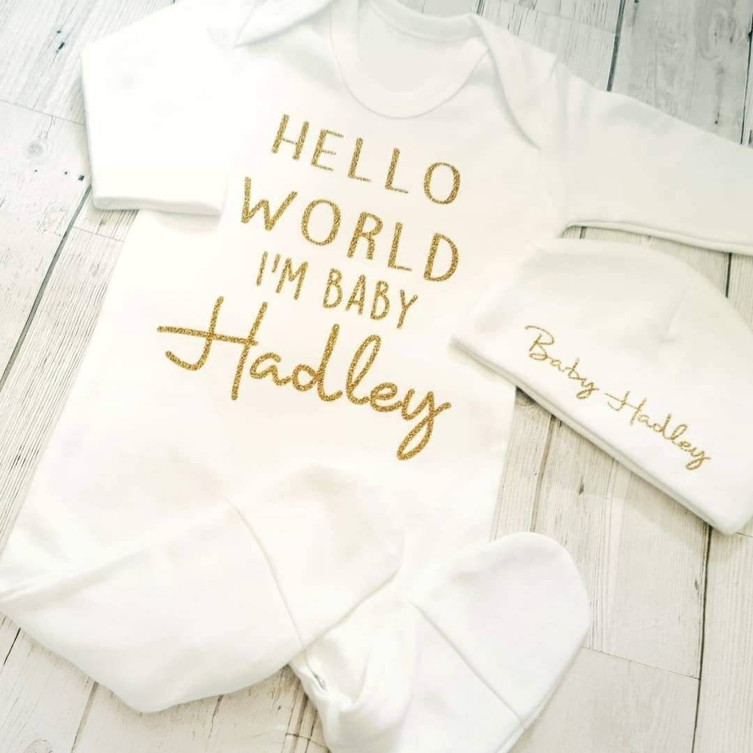 Personalised Hello World Im Name Glitter Baby Romper Babygrow New Baby Gifts Newborn baby Gifts Personalised Babywear Hospital Outfit Personalised Hello World Im Name Glitter Baby Romper Babygrow New Baby Gifts Newborn baby Gifts Personalised Babywear Hospital Outfit