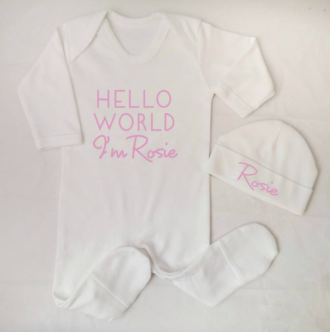 3-6 Months Personalised Embroidered Heart Baby All in One Sleepsuit /& Hat Gift Set