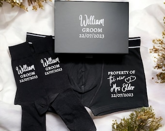 Personalised Groom Boxers and Socks Wedding Day Gift Men's Shorts Present Property Of The Bride New Mrs Customised Name and Date