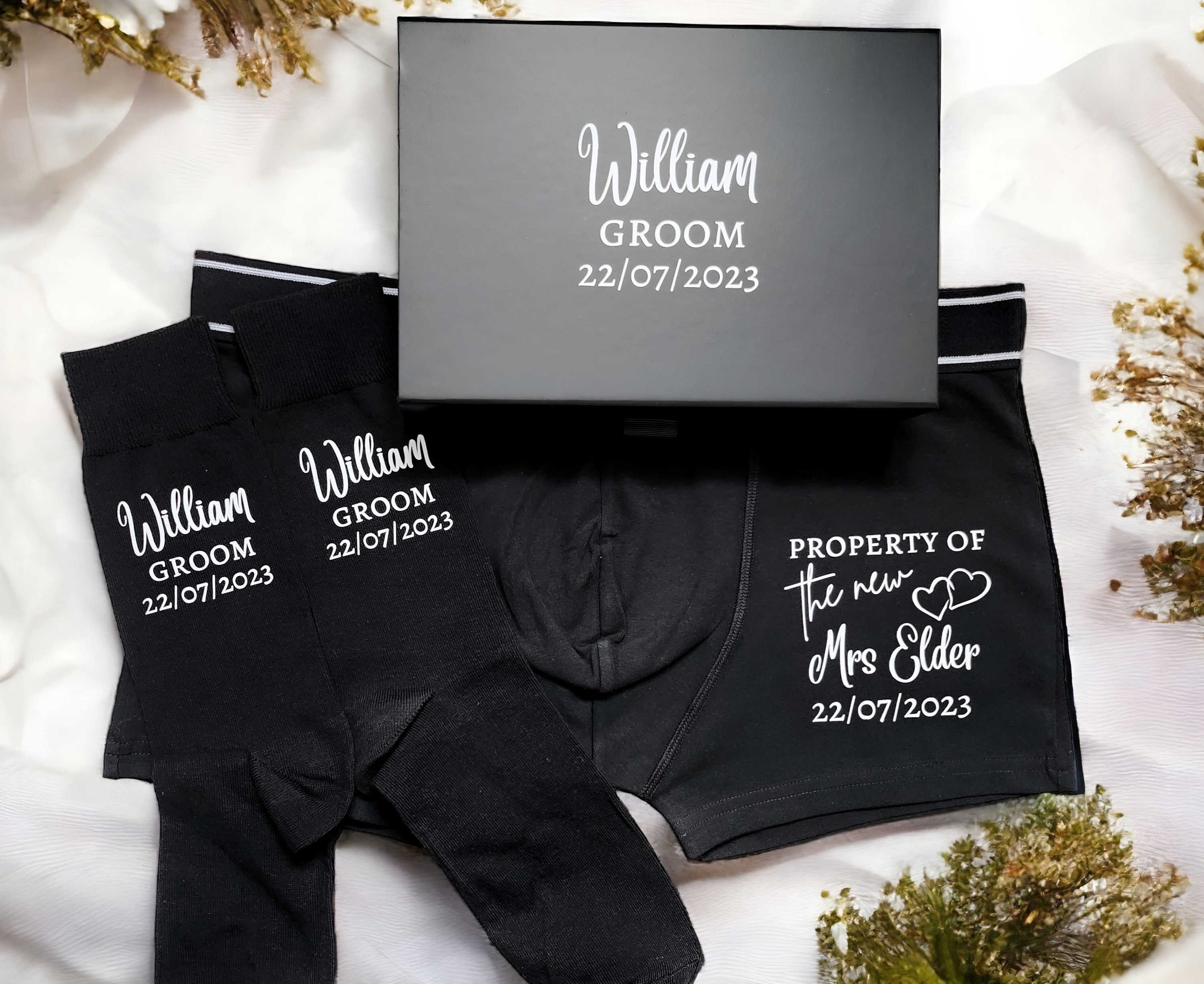 Personalised Groom Boxers and Socks Wedding Day Gift Men's Shorts Present  Property of the Bride New Mrs Customised Name and Date -  Singapore