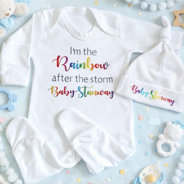 Personalised Baby Outfit - Rainbow After The Storm -  New Baby Sleepsuit & Hat Set - Newborn Gift- Coming Home Sleepsuit Bodysuit