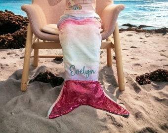 Personalised Mermaid Tail Blanket Pink Multicolour Girls Christmas Gift Birthday Present Name Wrap Tale Winter Magical 55cmx132cm