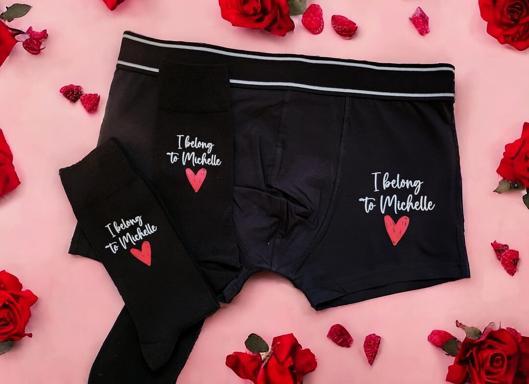 Personalised Boxers and Socks Valentine's Gift I Love You I Belong to Name  Cotton Underwear Men's Custom Anniversary Present Cute Novelty 