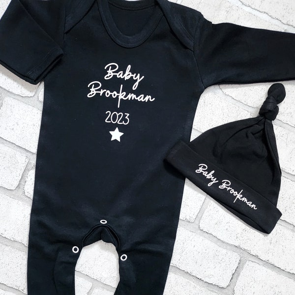 Personalised New Baby First Outfit Set Black Hat Romper Name Unisex Cotton Sleepsuit Set Gift Coming Home Newborn Name Star Boy Girl