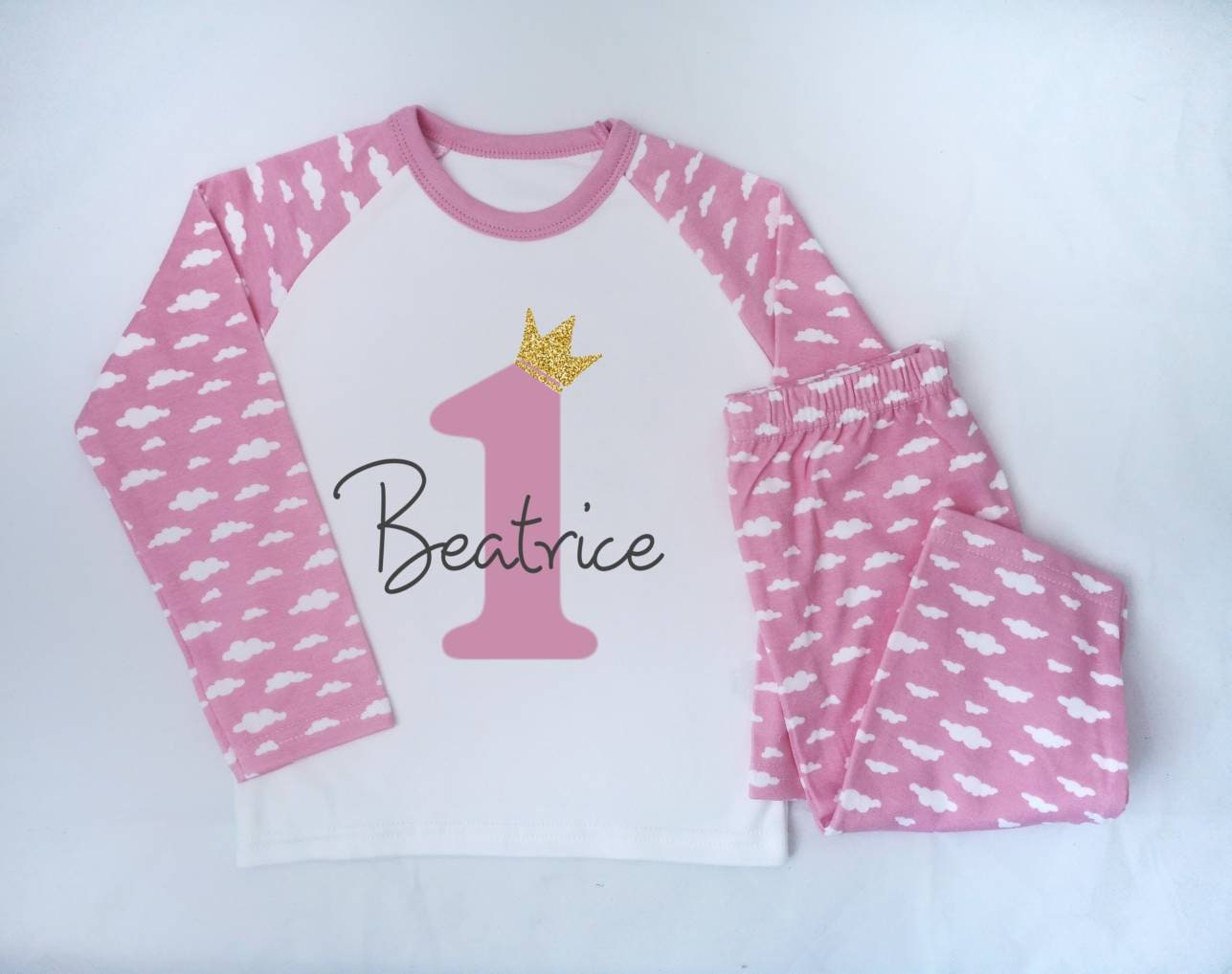 Personalised 1st Birthday Pyjamas Pink Cloud Pajamas Number 1 Etsy