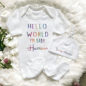 Personalised New Baby Outfit Hello World I am Surname Name Unisex Sleepsuit Hat Set Gift I'm Here Coming Home Romper Bodysuit Newborn Cotton image 2