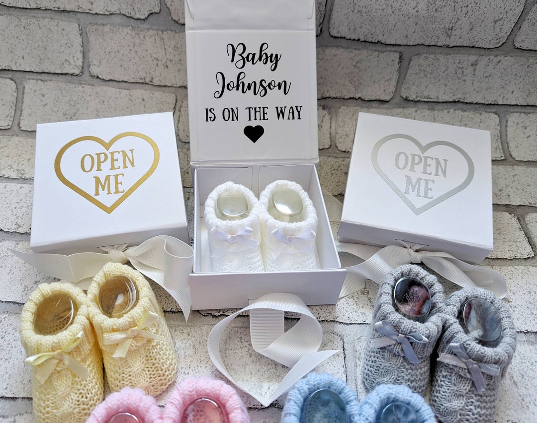 Personalised Pregnancy Announcement Gift Baby Shoes in Box Any