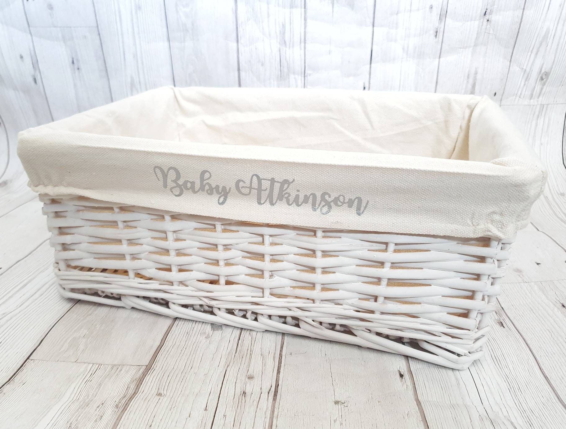Personalised Baby Storage Basket White Wicker Cotton Liner Etsy
