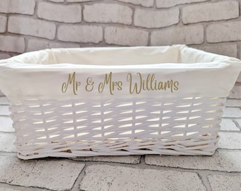 Personalised Gift Hamper Basket Baby Wedding Bridal Christmas Christening White Wicker Storage Cotton Liner Organiser box Choice of Size