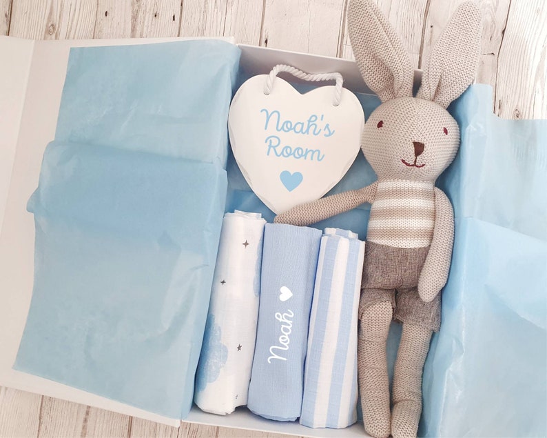 Personalised Baby Boy Gift Box With Bunny Soft Toy Hanging Etsy UK
