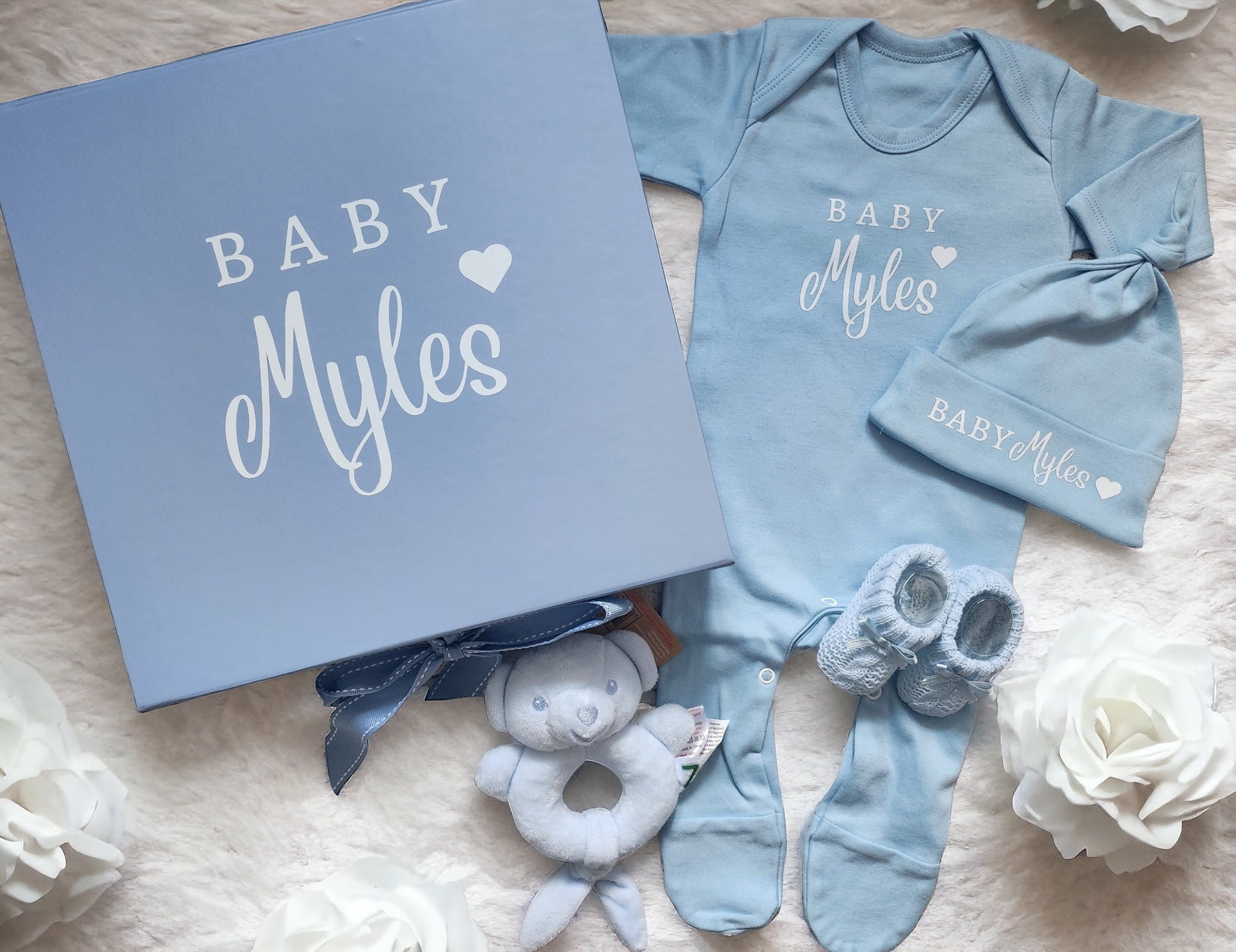 Personalised New Baby Boy Outfit Gift Box Set First Outfit Blue ...