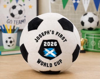 Personalised Plush First Football - World Cup Keepsake - Kid's Soft Toy Ball Gift - 20cm - Name and Flag - Custom Football Decor