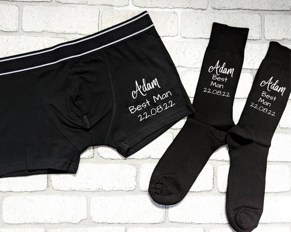 Personalised Best Man Boxers and Socks Usher Groomsman Wedding Day Gift  Men's Bridal Party Present Customised Name and Date Role 