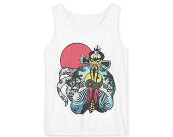May include: A white tank top with a colorful illustration of a man with a red sun behind him. The man is wearing a blue and white robe and holding a yin yang symbol. The illustration is surrounded by a variety of other colorful designs.