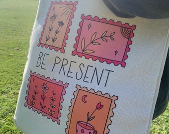 Be present linen tote bags | mental health self care pastelcore