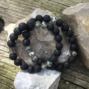 Lava Rock Bracelet Set, Lava Rock Mix with Silver Bead