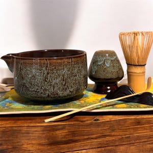 7 pcs Matcha Set, Matcha bowl with spout, ceramic glazed matcha bowl, Japanese tea ceremony, Matcha whisk, matcha spoon, Matcha beginner kit