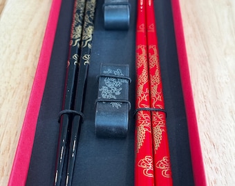 Dragon chopsticks with melamine rest 2 pairs, year of the dragon, Black and Red chopsticks, chinese zodiac chopsticks, Emperor Dragon