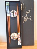Floral bohemian Chopsticks with rest flower 2 pairs, Couple chopsticks gift, Ceramic flower rest, Japanese chopsticks, maple leaf, wisteria