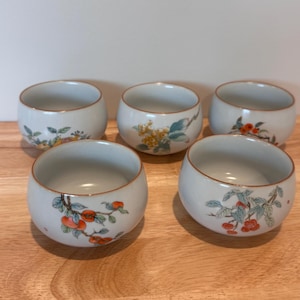 Chinese tea cups ru kiln 5pcs, gong fu tea cups, with gift box, kung fu cup tea cup, ceramic tea cups, beautiful fruit design tea cups, cha