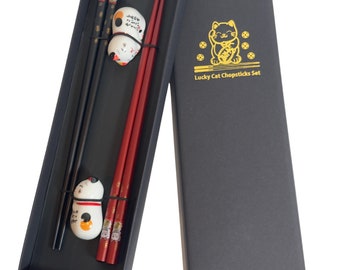 Wood chopsticks with cat rest 2 pairs, Couple chopsticks gift set, Ceramic cat rest, Japanese chopsticks, Reusable chopsticks gift