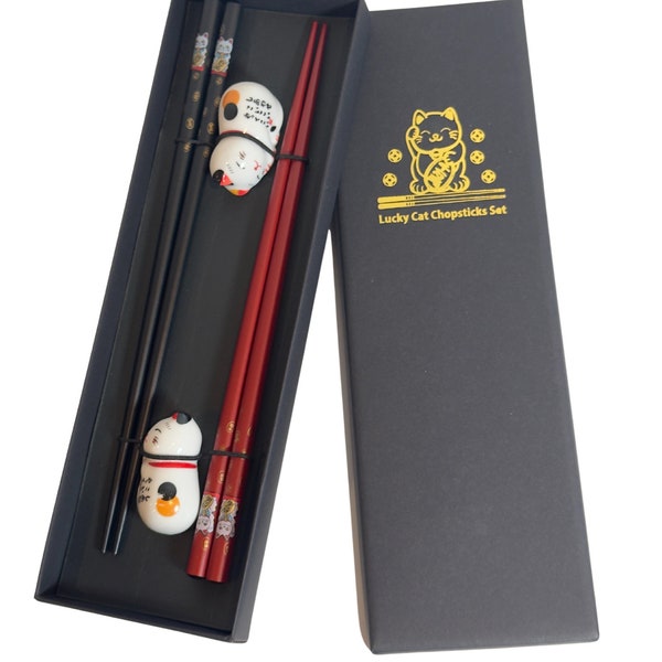 Wood chopsticks with cat rest 2 pairs, Couple chopsticks gift set, Ceramic cat rest, Japanese chopsticks, Reusable chopsticks gift