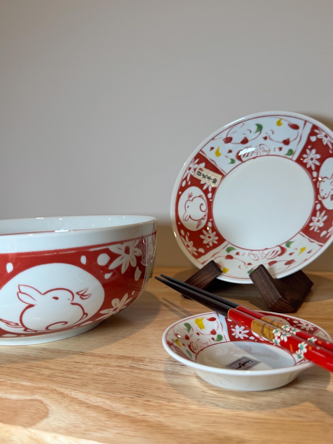 Japanese Ramen Bowl, Bunny Mino Ware Plate and Sauce Dish, Traditional ...