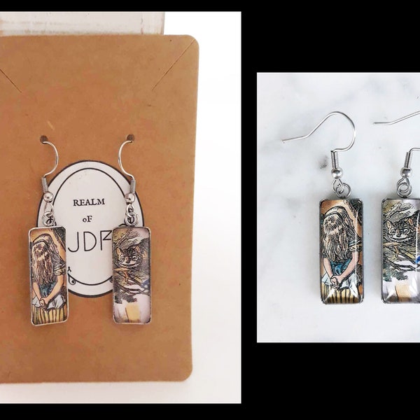 2005 "All Things Alice" Alice in Wonderland Calendar Repurposed and Recycled Paper Portrait Decoupage Dangle Earrings.