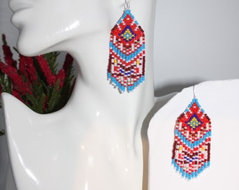 Red metallic blue brown white earrings, statement beads earrings, Boho Fringe earrings, Beads jewellery, Handmade earrings, Birthday gift