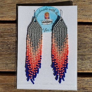 Grey orange blue earrings, seed bead earrings, Fringe earring, Beads jewellery, Christmas gift, gift birthday, dangling earrings, boho style