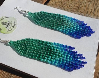 Blue Green beaded earrings, seed bead earrings, Fringe earring, Beads, jewellery, earring, gift, birthday gift, Christmas american earring