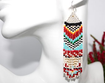 Luxury beads earrings, red turquoise black gold earrings, handmade seed bead earrings, Fringe earring, Beads, birthday gift, Bohemian