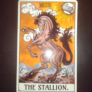 May include: A tarot card with a brown horse standing on its hind legs. The card is titled "The Stallion." The card is from the Ween Tarot deck.