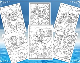 Chibi Mermaids, A colouring page instant download collection by Sassy Colouring.