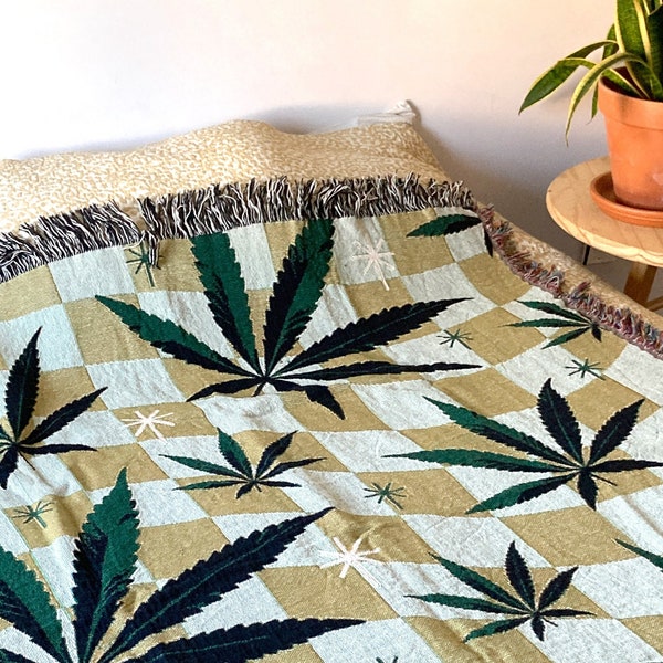 REEFER BLANKET, Checkered Blanket, Woven Blanket, Throw Blanket, Weed Blanket, Housewarming, Pot Blanket, Wall Tapestry, Marijuana, Maryjane