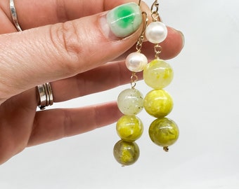 Green Grape Feels Lime Green + Pearl Drippy Earrings 14k GF Hook