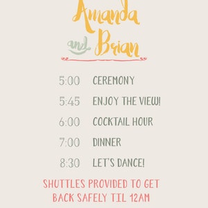 May include: A wedding invitation with floral borders and a light beige background. The invitation reads "Amanda and Brian" in a handwritten font. The invitation lists the wedding ceremony, cocktail hour, dinner, and dancing times.