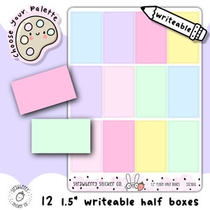 May include: A sheet of planner stickers with 12 pastel-coloured 3.8 cm writeable half boxes. Includes a pink and a light green rectangular sticker, a cute palette sticker, and a pencil sticker that says "writeable". The text "Strawberry Sticker Co." is also visible.