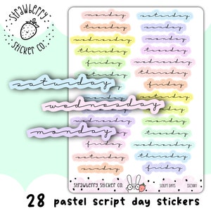 May include: A sheet of 28 pastel coloured script day stickers. The stickers are in a variety of pastel colours, including pink, blue, yellow, and green. Each sticker features a different day of the week written in a script font. The stickers are perfect for adding a touch of whimsy to your planner or journal.