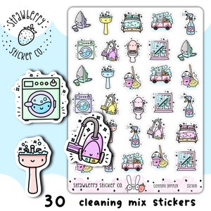30 Niedliche Reinigung Icons Musterblatt Kawaii Planner Aufkleber SSC1070